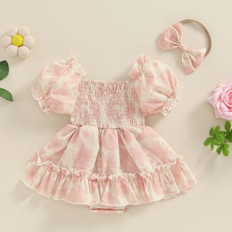 

2024-05-08 Lioraitiin 0-18M Baby Girls Summer Romper Dress Short Puff Sleeve Off Shoulder Floral Romper with Headband