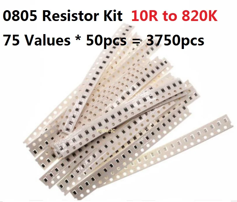 75Values*50pcs=3750pcs SMD 0805 Resistor Kit 10 Ohm-820K 1% Resistance Assorted Set 22R 30R 75R 820R 1.2K 3.3K 4.7K 56 100K Pack