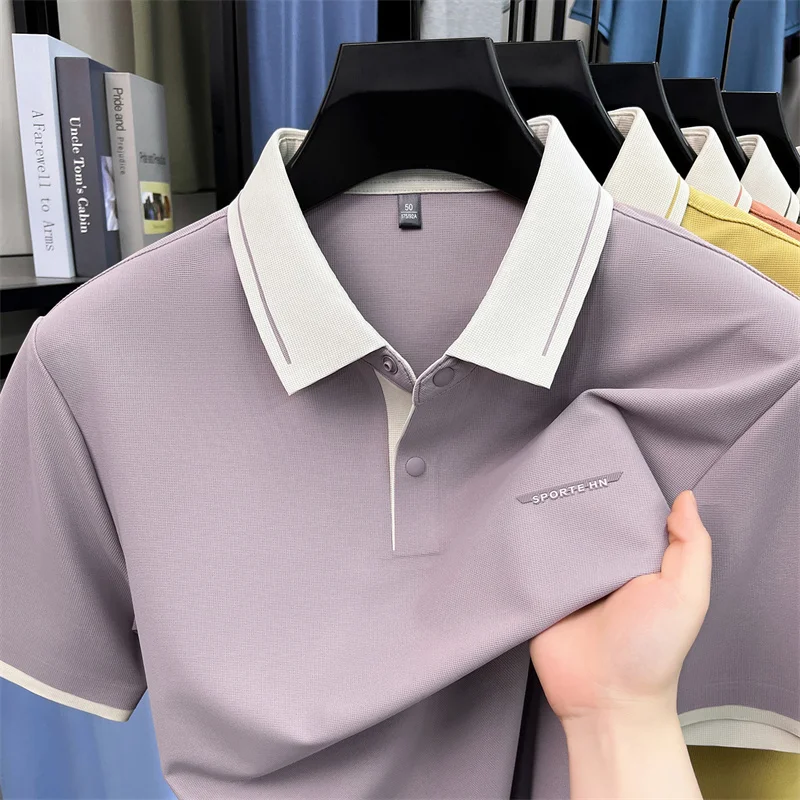 Luxury brand ice silk short sleeve polo shirt new fashion letter embossed men's color blocked lapel summer breathable T-shirt