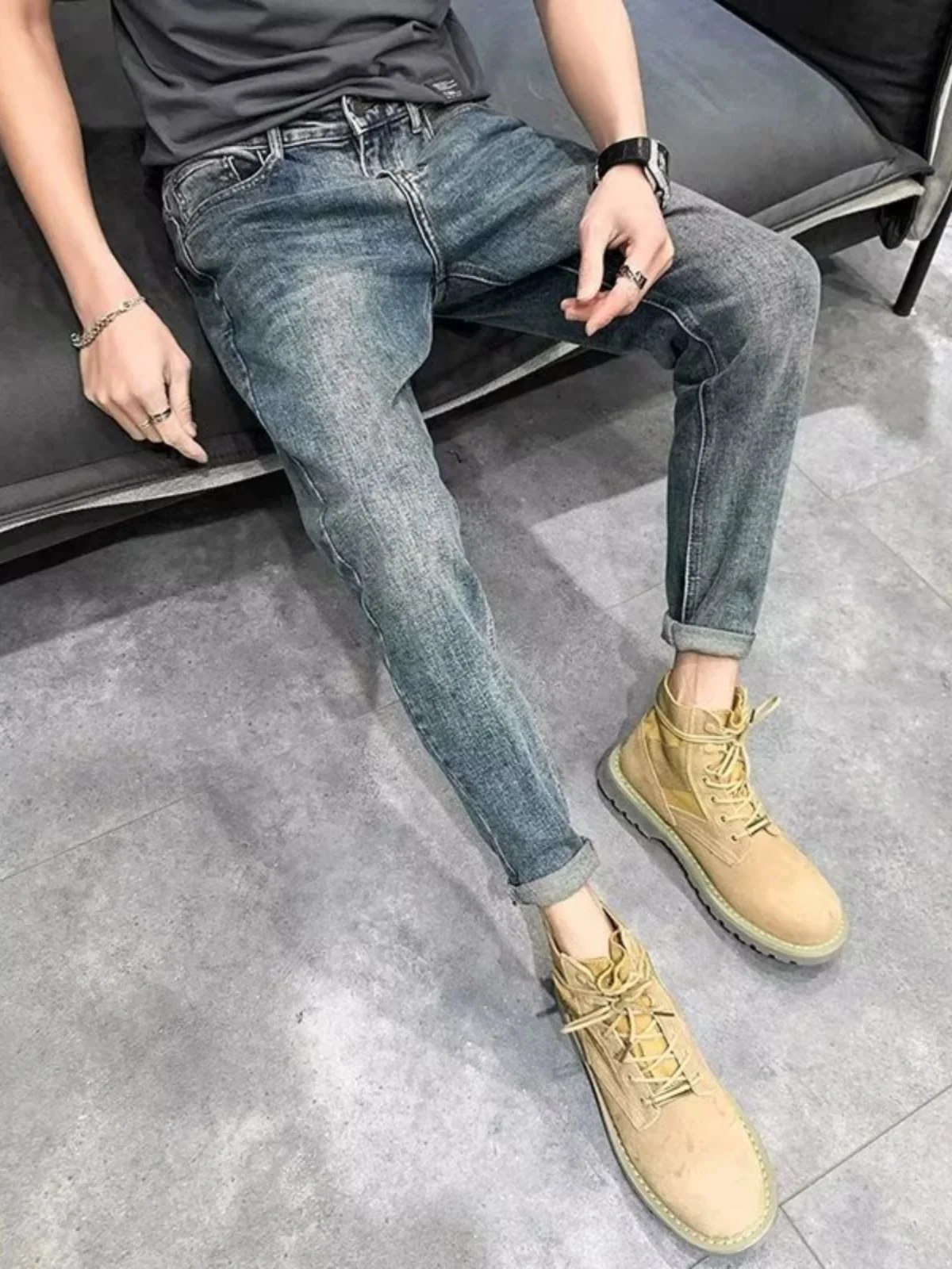 

Мужские джинсы в стиле ретро, зауженные, на весну-осень, эластичные, со средней посадкой, длинные брюки, повседневные, модные, синие, джинсовые, молодежные, стильные