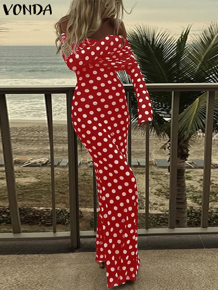 Plus Size VONDA Women Long Dresses 2024 Straight Shoulder Maxi Robes Causal Long Sleeve Dot Printed Elegant Sexy Party Sundress