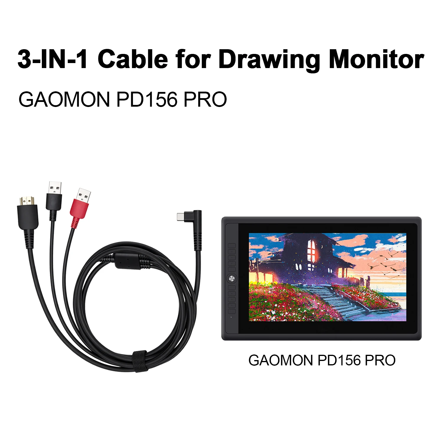 3-in-1 Cable for Gaomon Pen Display PD156 PRO Drawing Tablet