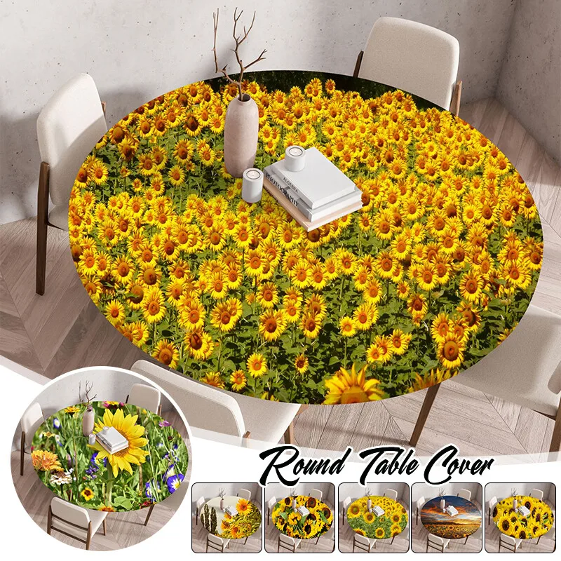 

1PC Sunflower Printed Round Tablecloth Elastic Picnic Outdoor Table Cover Waterproof Table Protector Cover Wedding Home Decor