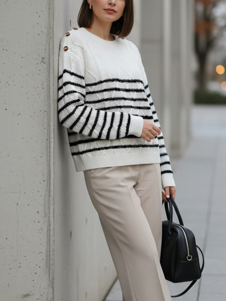 Maglioni lavorati a maglia a maniche lunghe autunnali da donna Texture a forma di diamante Pullover a strisce nere ZANZEA 2025 Abiti da donna per il fine settimana