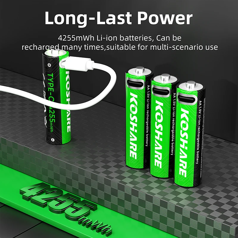 KOSHATE Rechargeable Batteries AA&AAA 1.5V Lithium Battery 4255mWh 1000mWh Typ-C Port Fast Charging For Microphone Alarm Clock