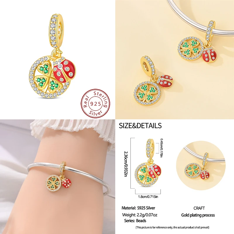 The new 925 sterling silver ladybug green leaf beaded pendant, suitable for snake chain bracelet, DIY bead jewelry suitable for