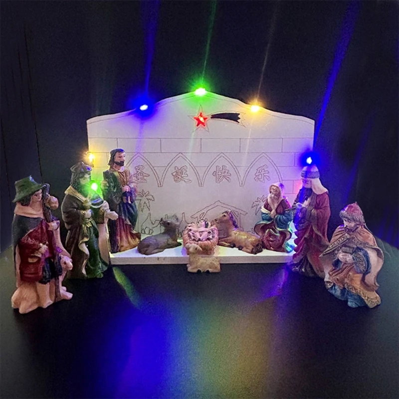 Christmas Manger Nativity Set LED Lighted House Holy Family Statue Crib Ornament Crafts for Home Living Room Decoration Y5GB