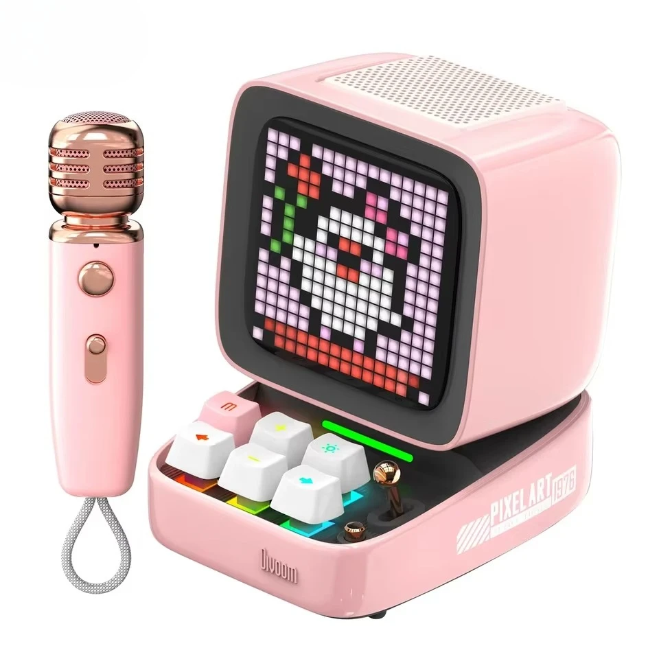 Bluetooth Speaker RGB LED Karaoke Microphone Pixel Art Display Different Sound Modes-Desktop Decor Gift