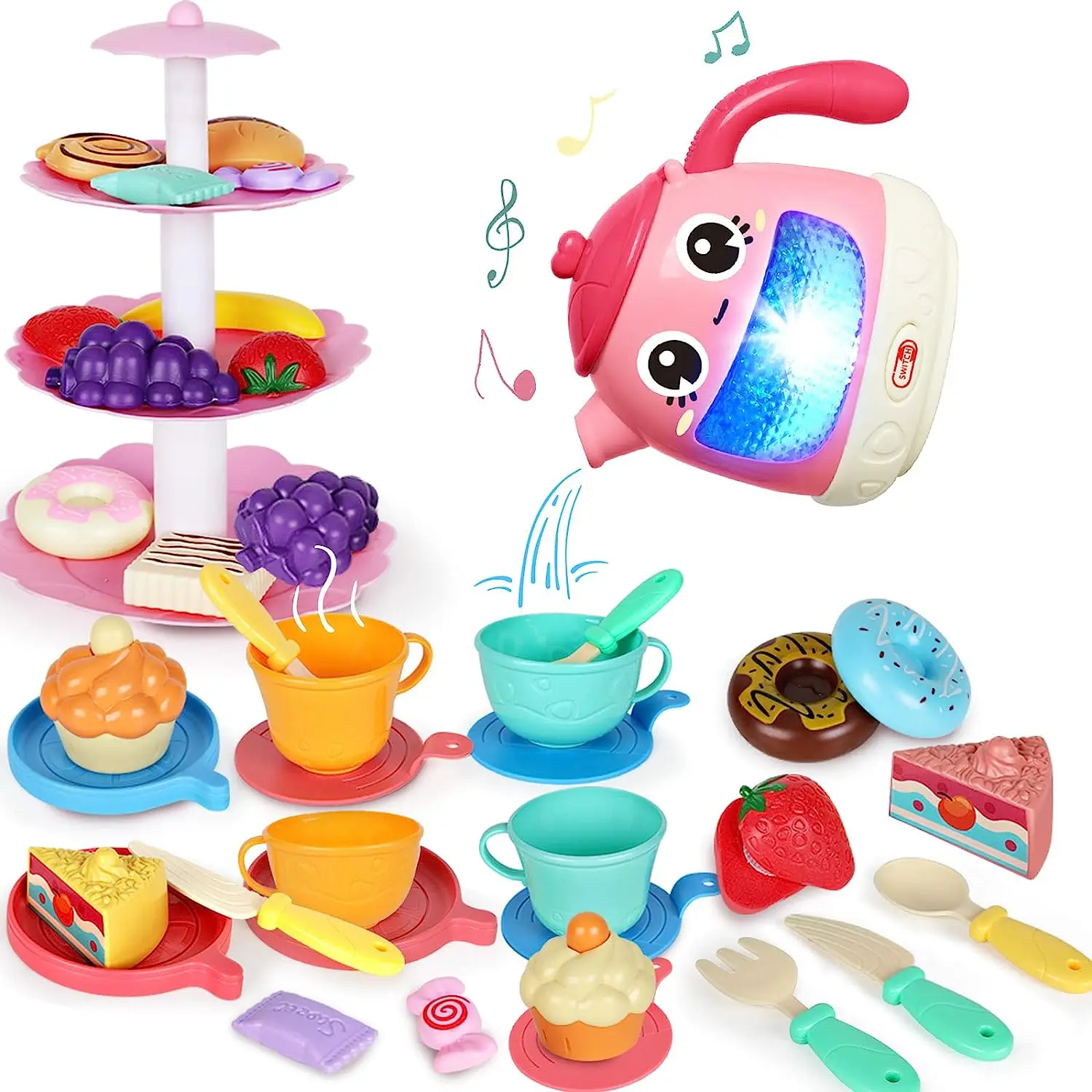 48 PCS Tea Set for Little Girls,For Toddlers Including Kettle with Music & Light, Cookies