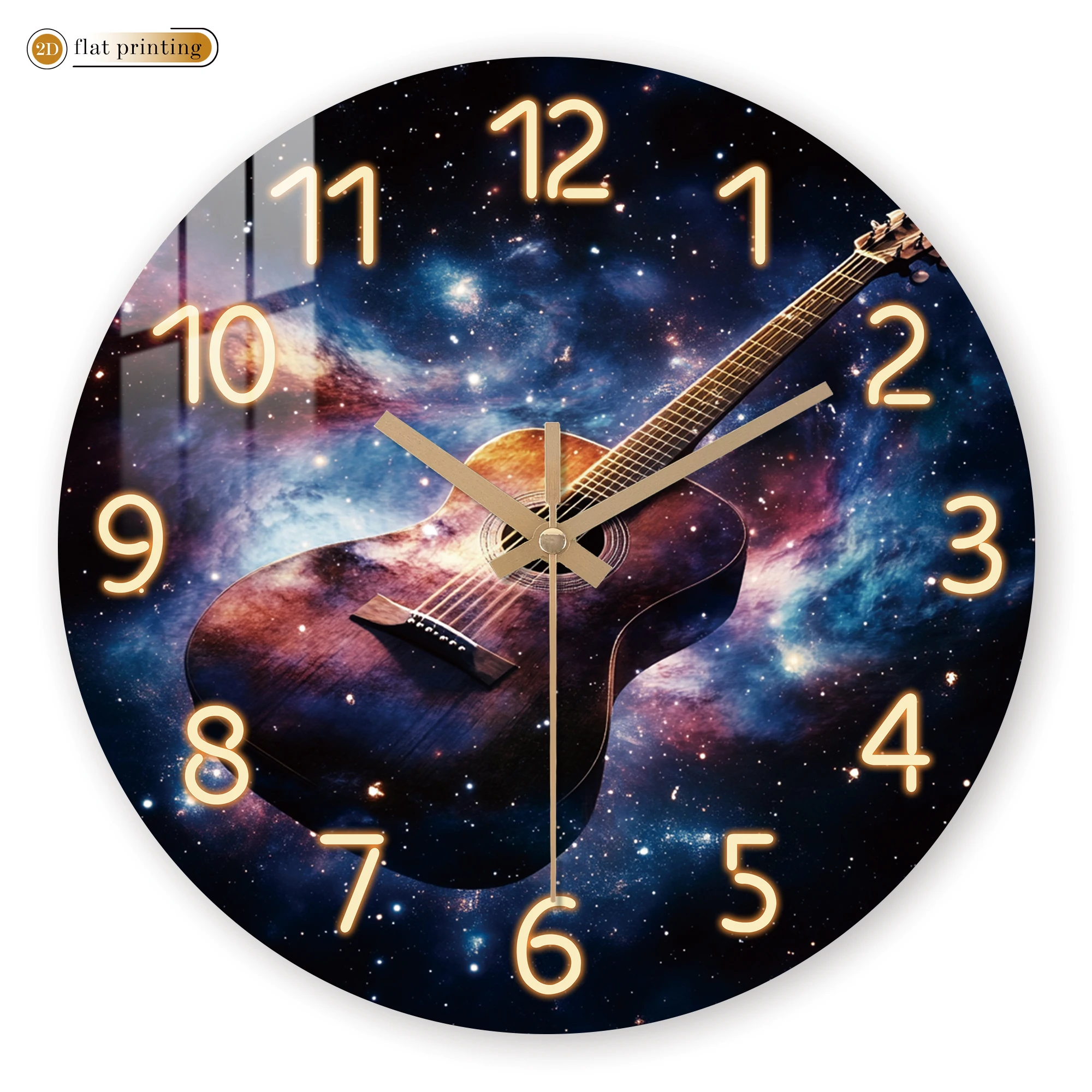Galaxy Acoustic Guitar Wall Clock, Neon Numbers on Cosmic Background, Silent Quartz Movement, Music and Space Lover's Decor