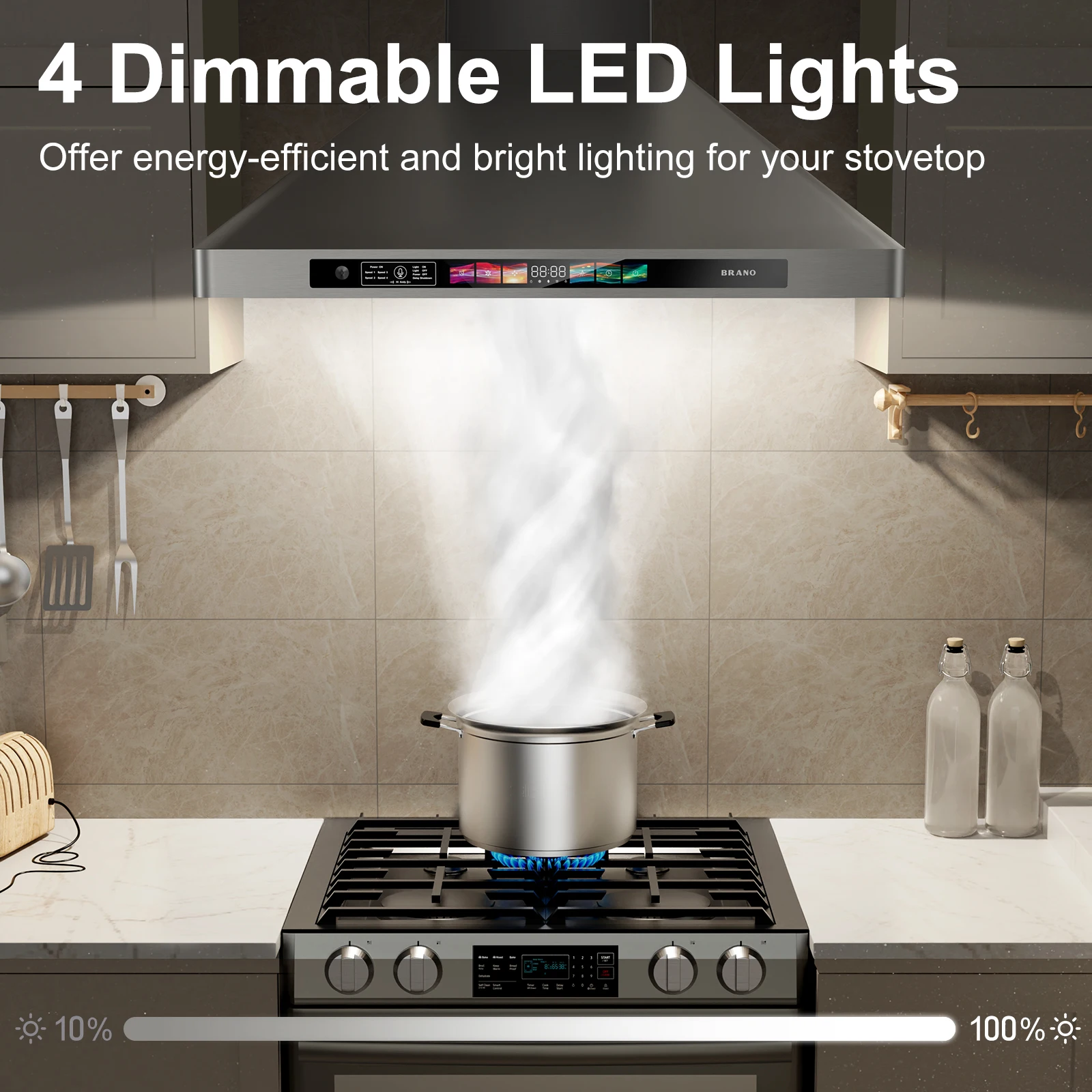 BRANO 스테인레스 스틸 주방 레인지 후드 지능형 레인지 후드 벽걸이형 레인지 후드