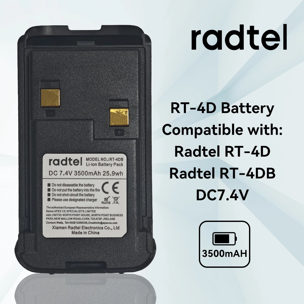 

7.4V 3500mAh Li-ion Battery Pack for Radtel RT-4D DMR Two Way Radio Walkie Talkie RT-4DB Replacement Charger Included