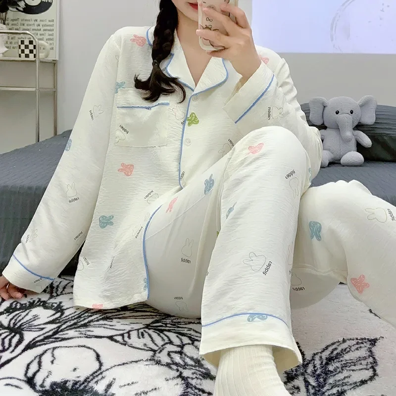 Plus Size Cloud Cotton Pajamas Women\'s Spring and Autumn Long-sleeved Long Pants 2 Piece Set Home Suit Korean Sweet Loungewear