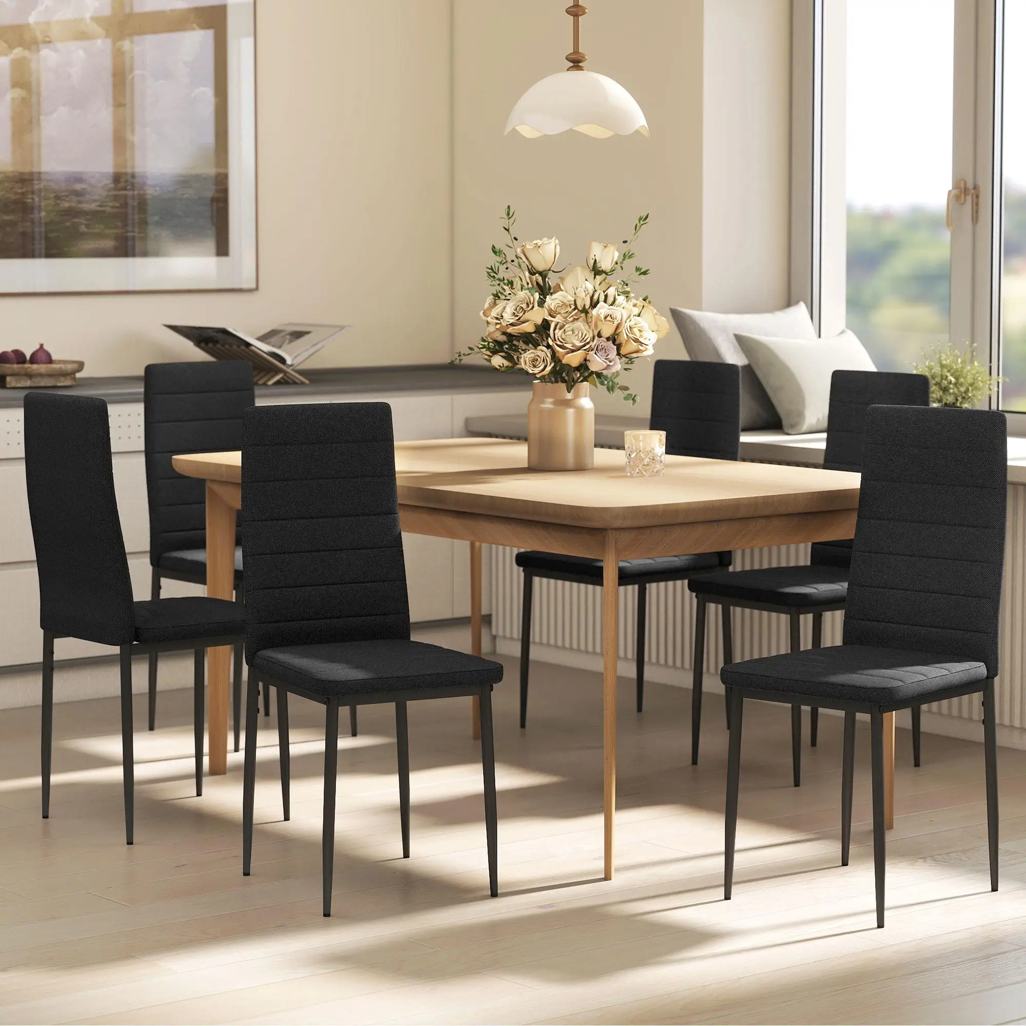 Ensemble de 6 chaises de salle à manger modernes avec revêtement hautement rembourré, pieds en métal, aspect lin noir, 41x50x97 cm, jusqu'à 120 kg