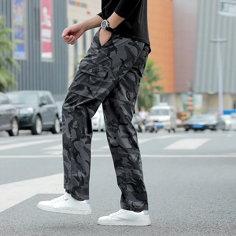 Men\'s Clothing Spring Autumn Geometric Camouflage Printing Button Elastic High Waisted Pockets Straight Trousers Vintage Pants