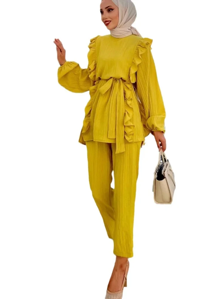 Women Eid Muslim Sets Two Pieces Kaftan Islam Ensemble Blouses Solid Ruffles Belt Wide Leg Pants Arab Casual Loose Pleated