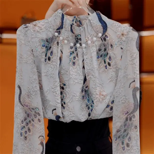 

2025 Новая жемчужная блузка, женская элегантная винтажная рубашка, модные молодежные топы