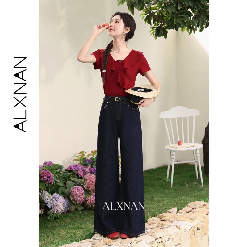

ALXNAN Women's Wide Leg Denim Jeans Dark Blue High Waist Straight Baggy Jeans 2026 Fashion Elegant Cotton Pants Ladies L61920