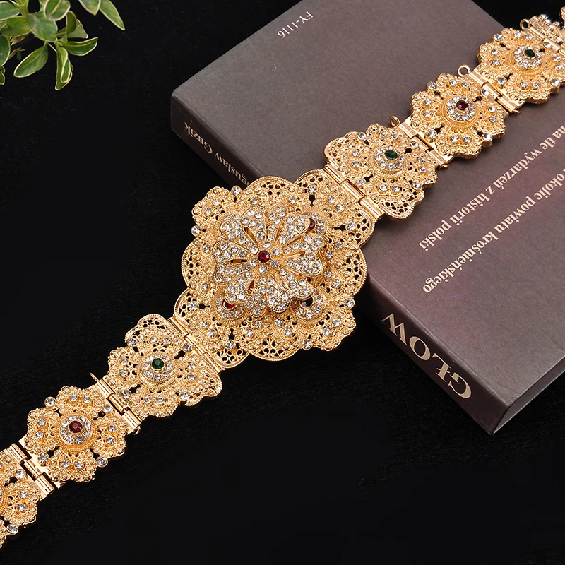 Morocco Trendy Gold Plated Caftan Wedding Belt Full Rhinestone Long Chain Crystal Bridal Belt Arabic Luxury Wedding Accessories