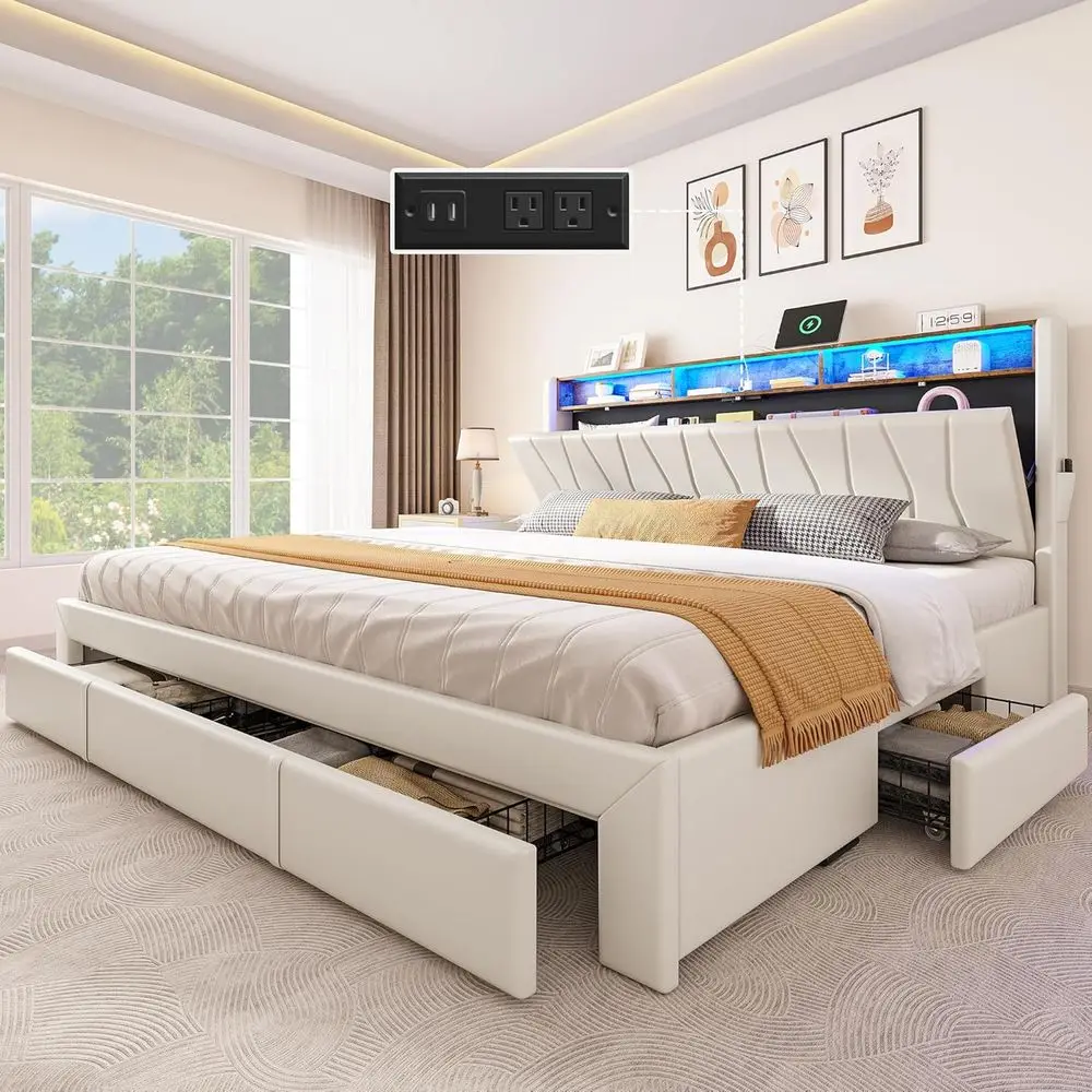 

Кровать King Size с местом для хранения, 4 ящиками и LED-подсветкой, платформенная кровать с местом для хранения, обитой тканью изголовьем и зарядной станцией, без коробчатого основания