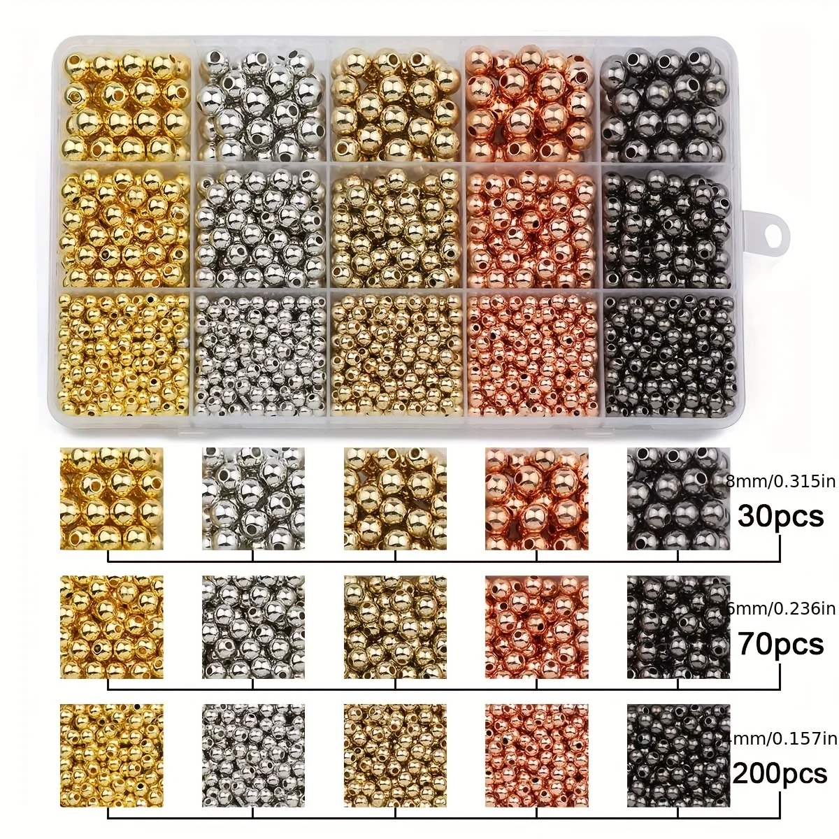 4/6/8MM 1500Pcs Boxed CCB Gold/Silver Plated Round Spacer Loose Beads For DIY Jewelry Pendant Bracelet Necklace Accessories