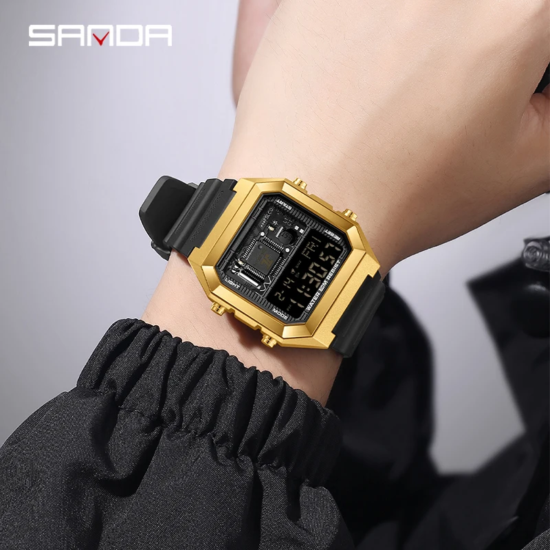 SANDAD-reloj electrónico para hombre, cronógrafo multifuncional cuadrado con correa de silicona y pantalla Digital, 6216