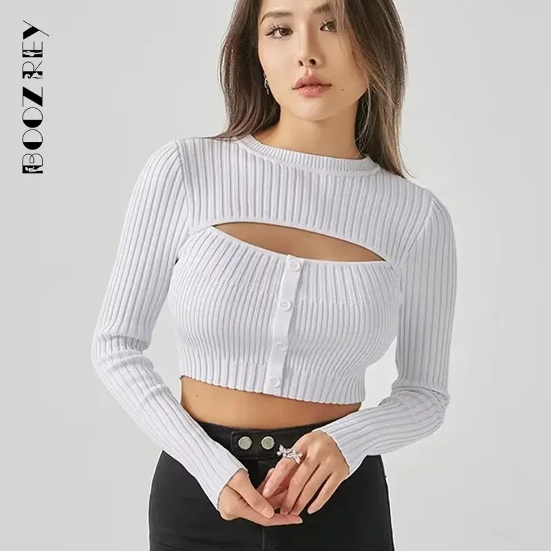 BoozRey 2022 Autumn and Winter O-neck Chest Hollow Out Knit Shirt Female Stretch Repair High Waist Navel-less Knitted Tops