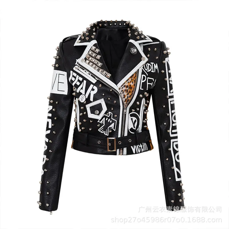 Autumn Fashion Rivet Leather Motorcycle Jacket For Women Punk Style Leopard Letters Printing Rock Biker Streetwear