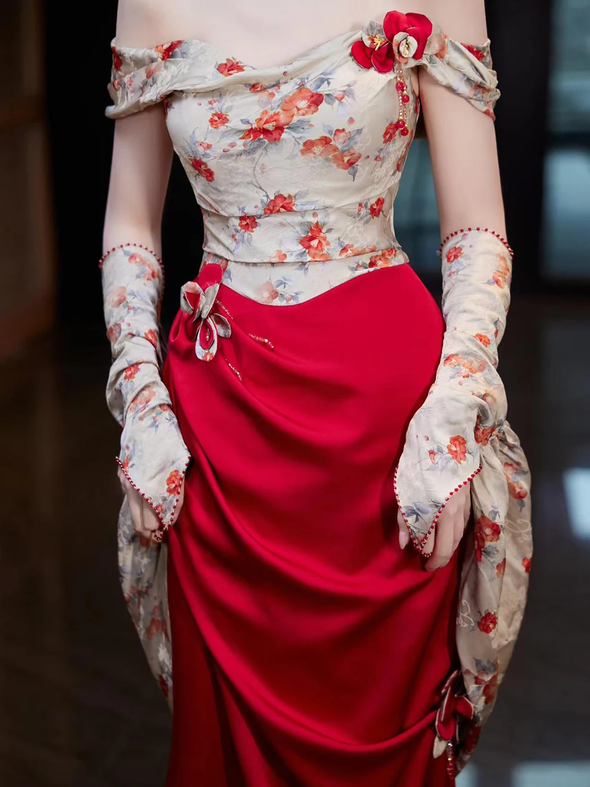 Ball Wear off-Shoulder Morning Gowns Women's New High-Grade Bride Engagement Formal Dress Wine Red Retro Toast Clothing