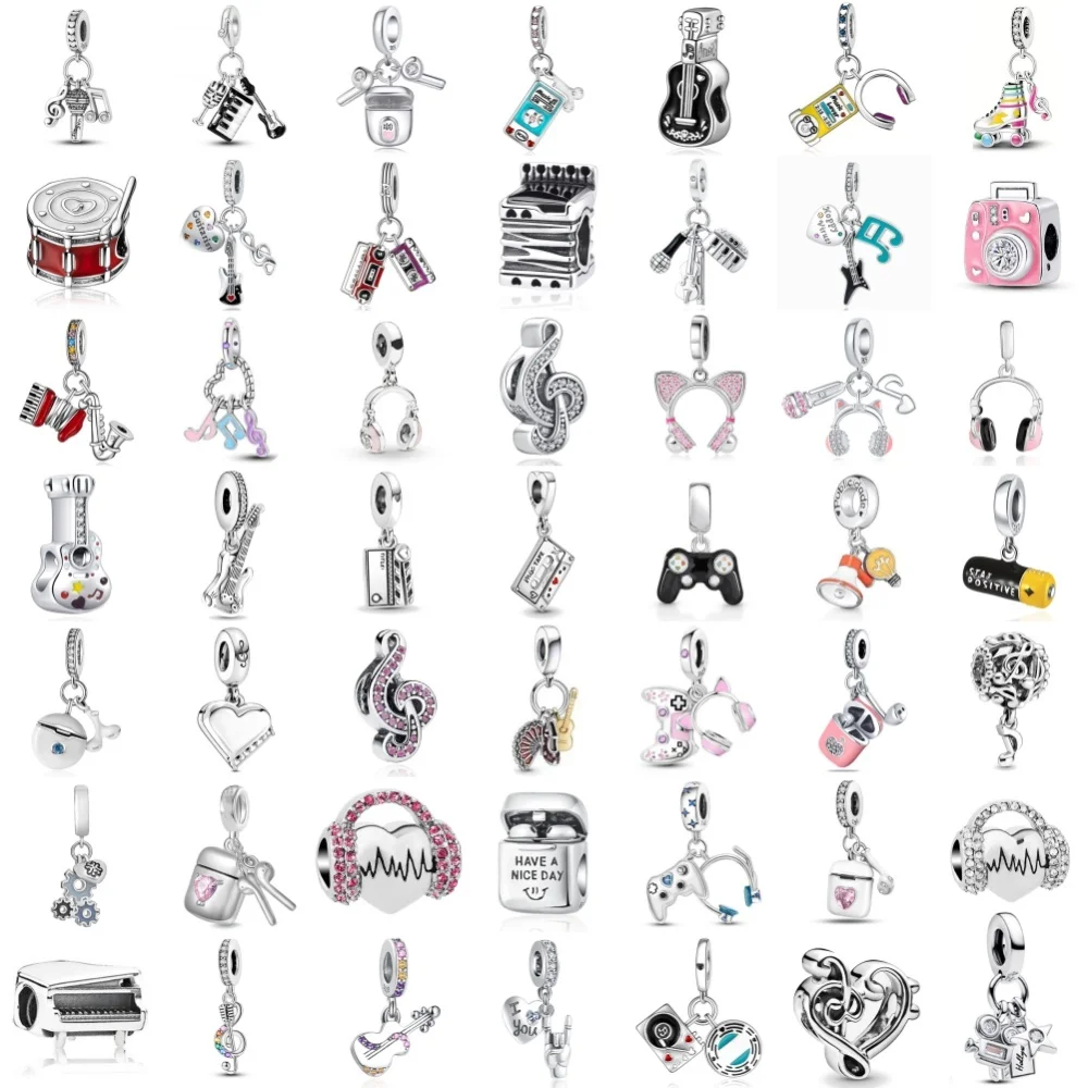 New 925 Silver Music earphones Charm Beads Guitar microphone piano Pendant Fit Original Bracelet Women fashion DIY Jewelry Gift