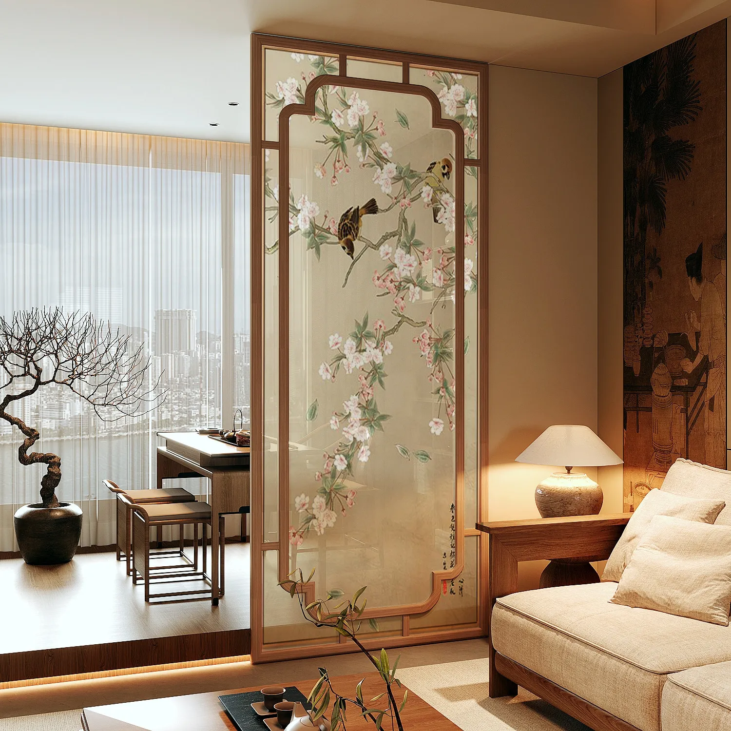 Flower and bird solid wood screen partition wall living room home entrance door balcony block tea room