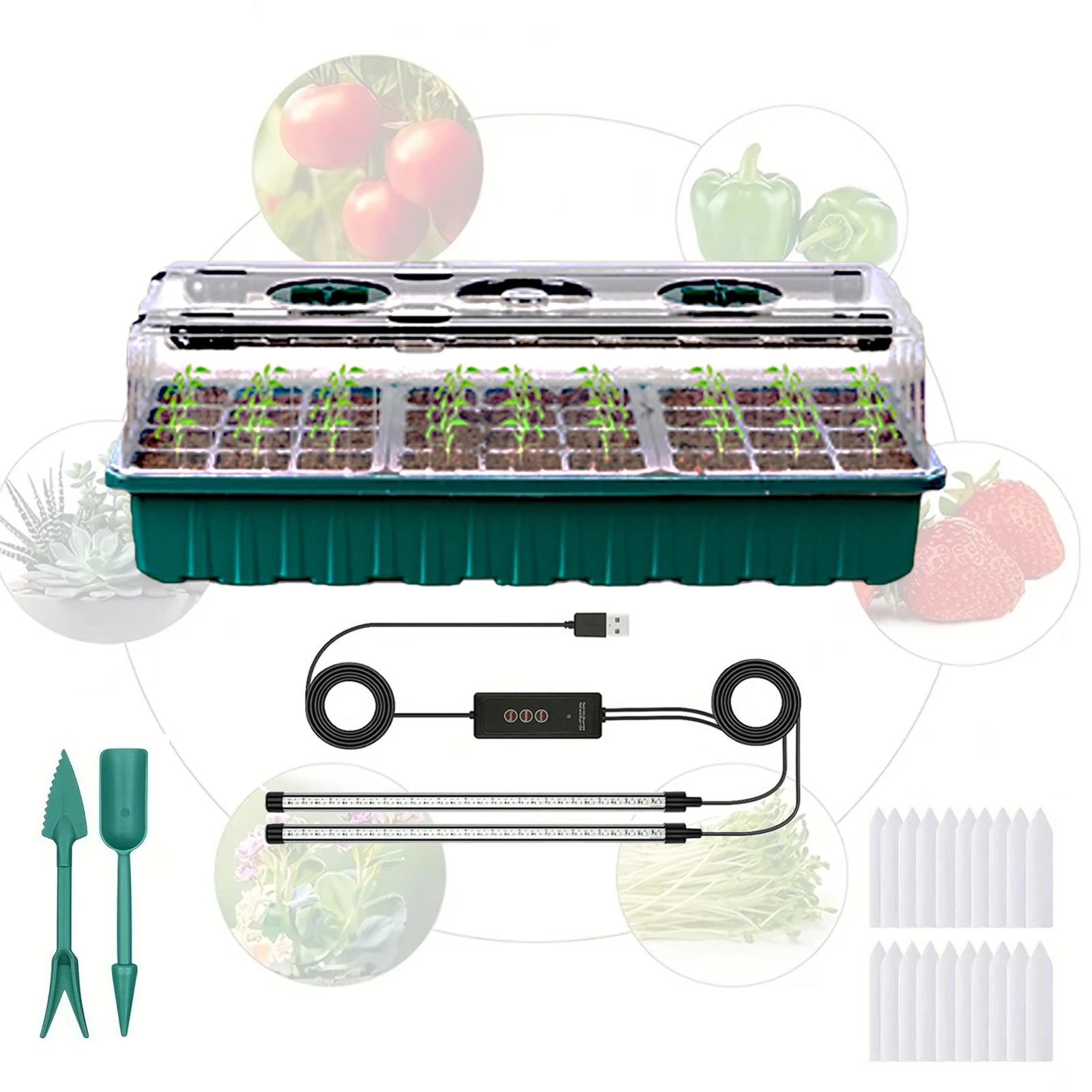 Seedling trays with plant growth lights, 1 set/36-cell vegetable germination kit with raised humidor and automatic timer.