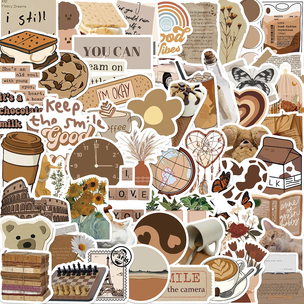 60Pcs Brown Retro Aesthetic Stickers for Suitcases, Computers, Mobile Phones, Notebooks, DIY Decorative Vinyl Stickers