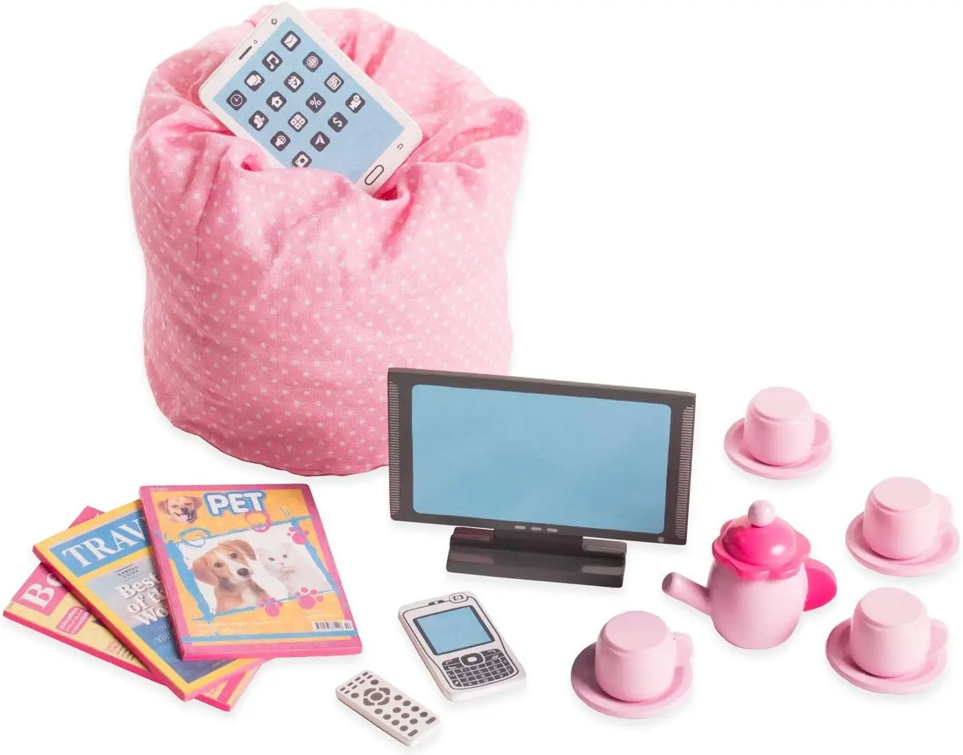 18-Zoll-Puppenmöbel-Couch- und Couchtisch-Set – Weiß, Holzspielset mit Wohnzimmerzubehör, passend für 14- bis 18-Zoll-Puppen