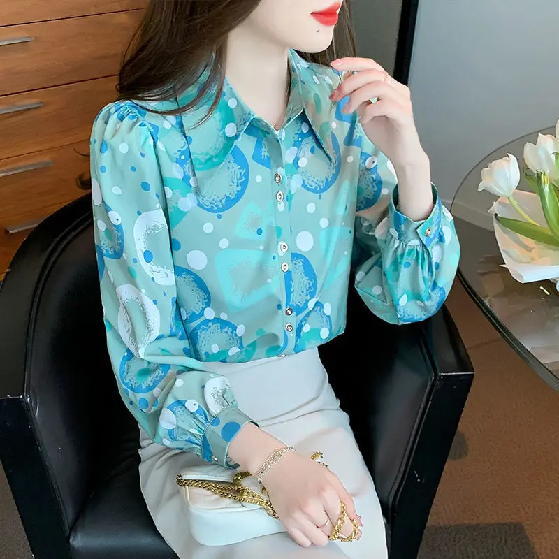 Casual Korean Women's Printed Long Sleeve Blouse Autumn Fashion All-match Turn-down Collar Button Spliced Shirt Female Clothing