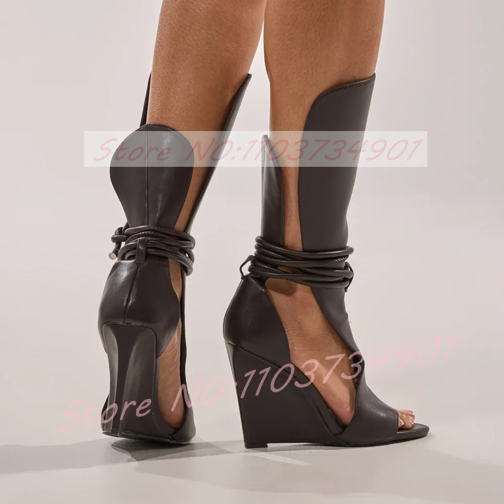 Sandalias de cuña marrón oscuro con punta abierta y correa al tobillo para mujer, elegantes sandalias de tacón alto con cordones estilo romano, zapatos de moda para pasarela.