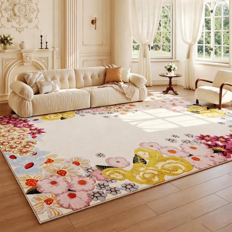 French Style Living Room Rug Stain-resistant Wear-resistant Bedroom Floor Mat Pink Floral Carpet Large Size Home Decorative Rugs