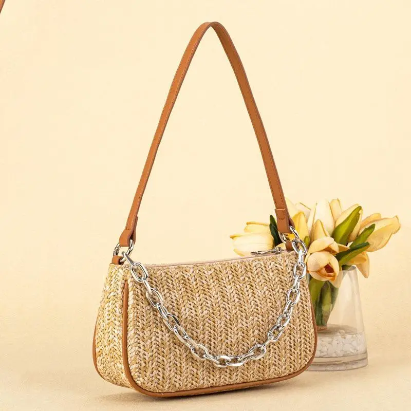 Summer 2024 New Trendy Chain Shoulder Bags Straw Weaving Bag for Women Fashion Handbags Female Vacation Beach Underarm Bags