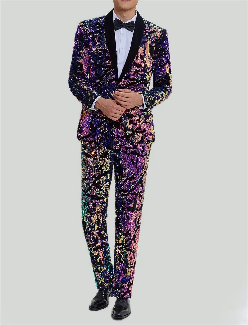 Luxo Sequins Formal Prom Homens Ternos Set Blazer Casamento Smoking 2 Peças Casaco + Calças Vestido Jaqueta Custom Made Escritório Traje Masculino