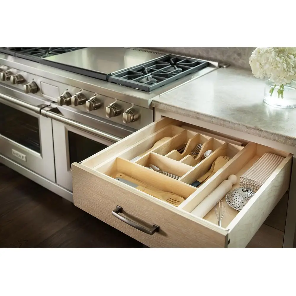 Trim-to-Custom-it Silverware Der Organizer or Kitchen Utensil Cutlery Cabinet Storage, Natural Maple Wood 9 Comparent Tray Inser