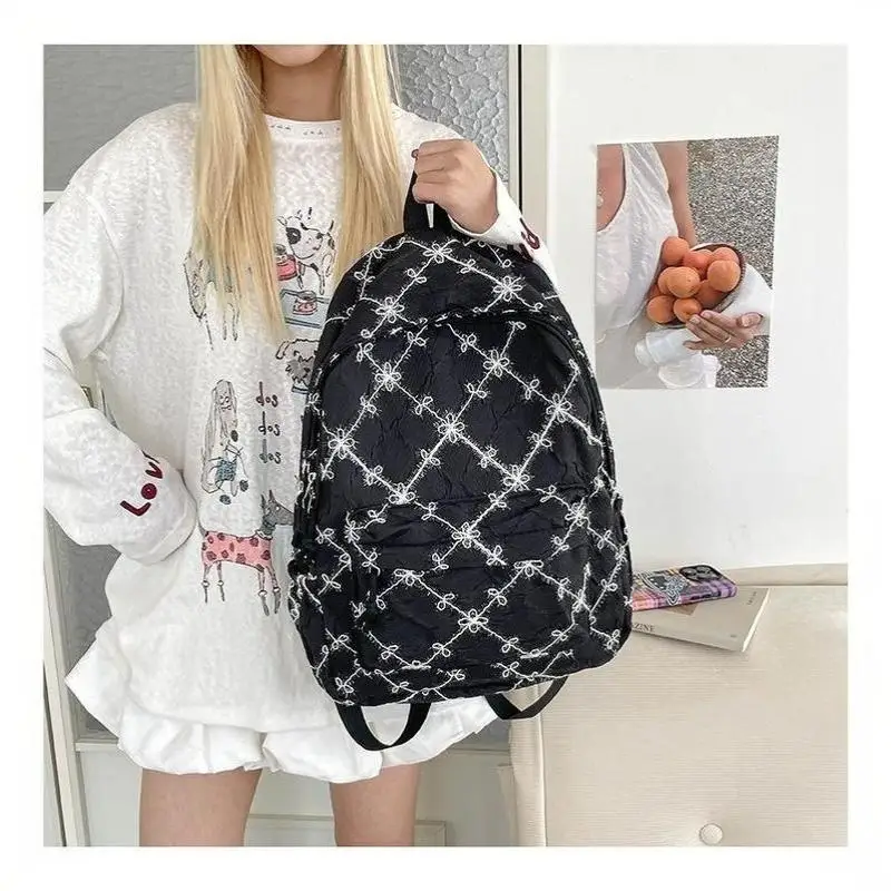 Nylon-Rucksack mit süßem Schleifenmuster, großes Fassungsvermögen, leicht, mehrere Taschen, Schultasche, lässiger Alltagsrucksack für Studenten und Pendler – Detail 14