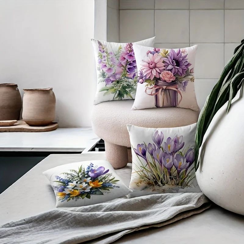 Purple flower theme single-sided digital printing Short plush Suitable living rooms bedrooms sofas zippered closure