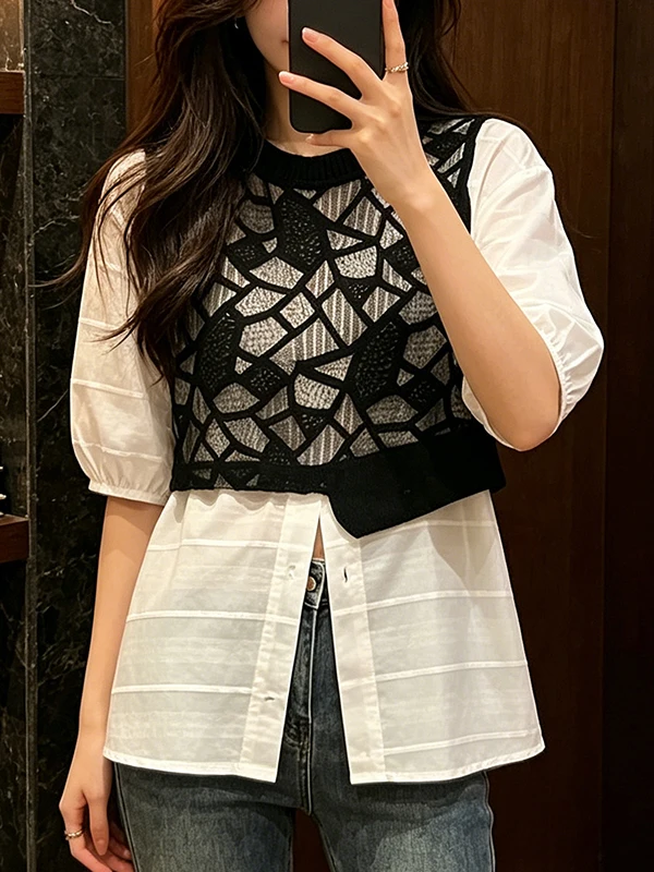 

Summer New Style Large Size Shirt Women's Simple Splicing Lace Unique Top Skin Concealing Anti-Aging Fake Two-Piece Blouse