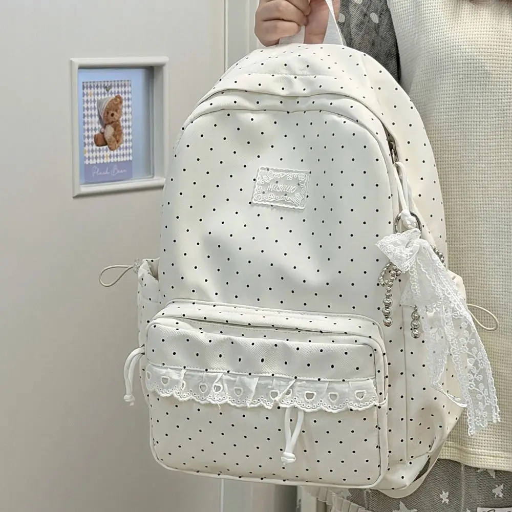 Modischer Süßer Polka-Dot-Rucksack mit Minimalistischem Schleifendesign und Spitzenbesatz, Leichter, Strapazierfähiger Schulrucksack für Schüler und Pendler – Detail 4