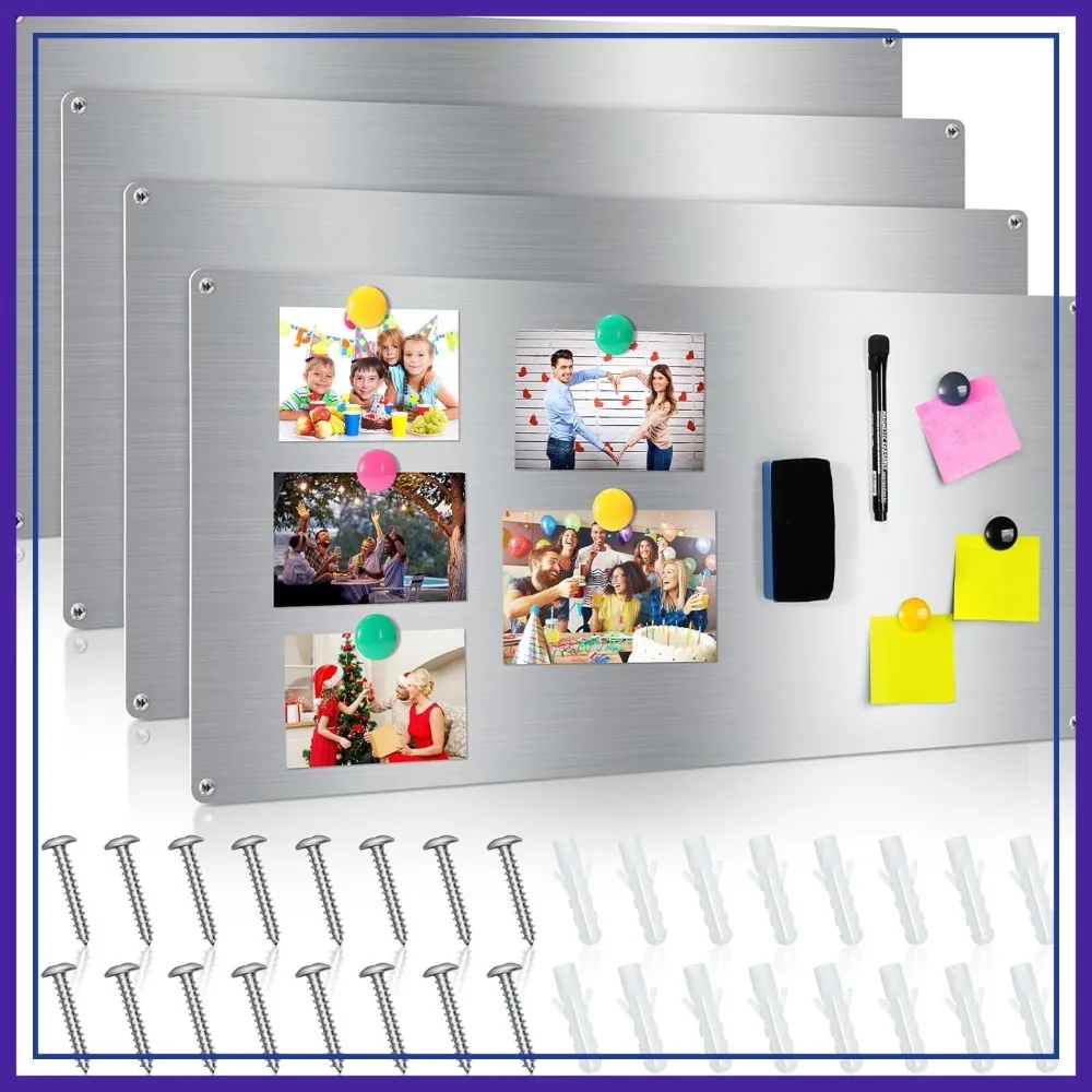 

2 Pack Frameless Steel Magnet Board for Wall, Dry Erase Silver Magnetic Display Board with Self Adhesive Strips for Office Home