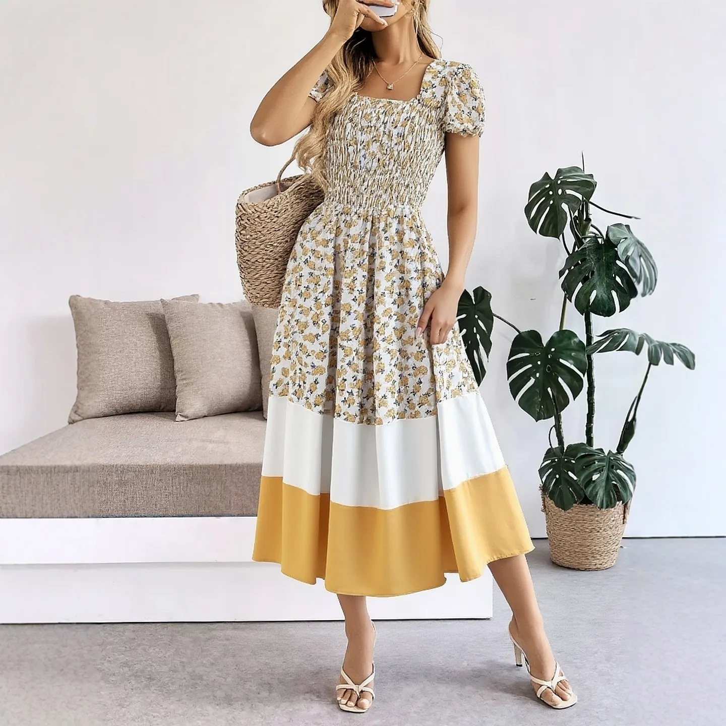 YuooMuoo Damenkleid 2026 Neues Sommerkleid mit Elastischem Bund Blumenmuster Langes Kleid Elegantes Vintage Patchwork A-Linien Partykleid