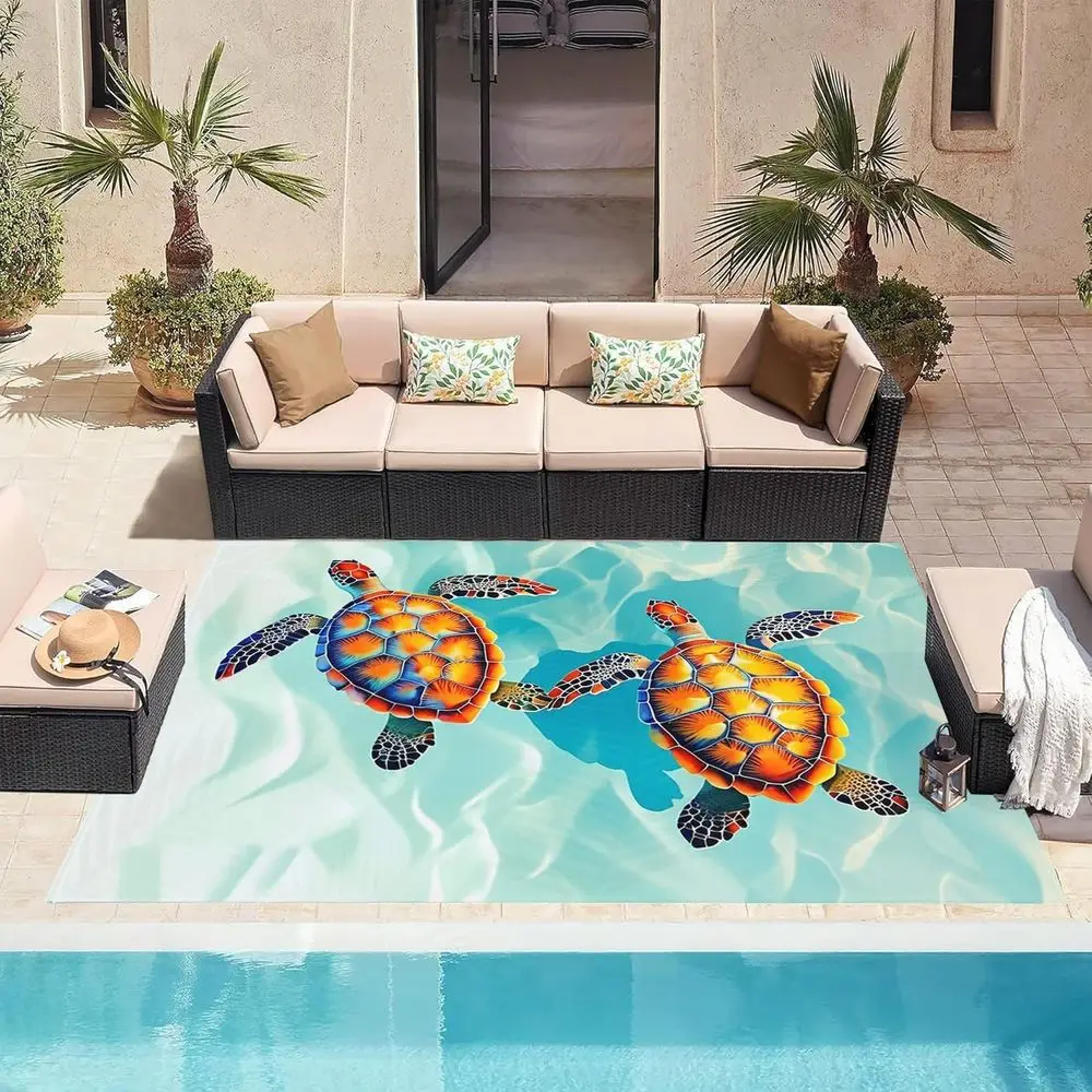 

9x12 Sea Turtles Ocean Animal Print Outdoor Rug for Patio, Deck, Porch, Backyard, Camping - Skid-Resistant, Easy Clean, Quick Dr