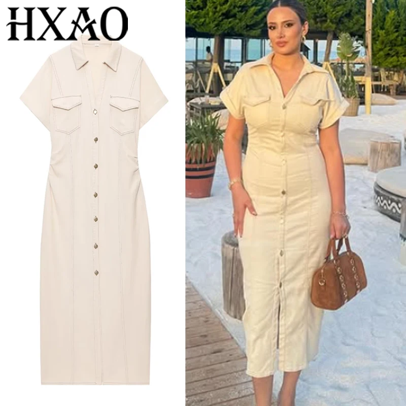 HXAO Shirt Damenkleider 2025, kurzärmelig, langes Denim-Kleid, Sommer, Knopf, Freizeitkleider für Damen, figurbetont, gerüschtes Midikleid