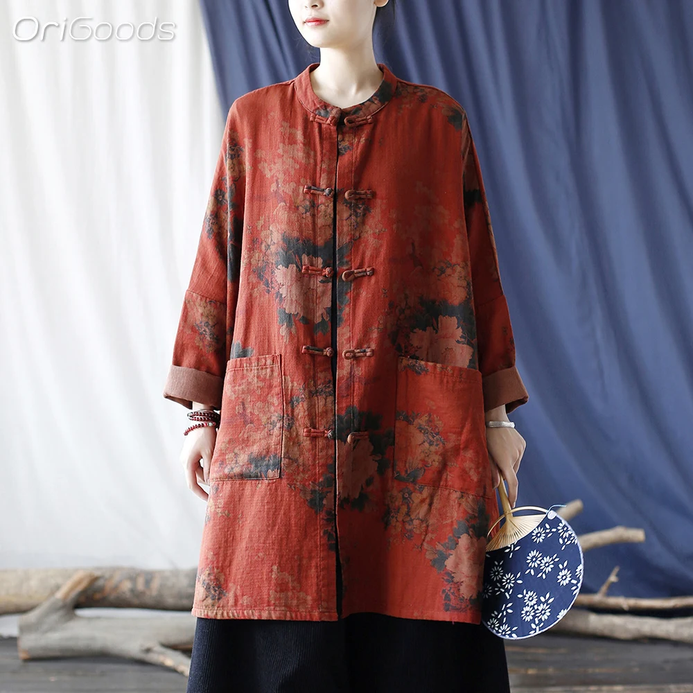 OriGoods Chinese Traditional Style Long Shirt Women Flower Print Vintage Oversized Shirt 2024 New Cotton Linen Loose Coat X012