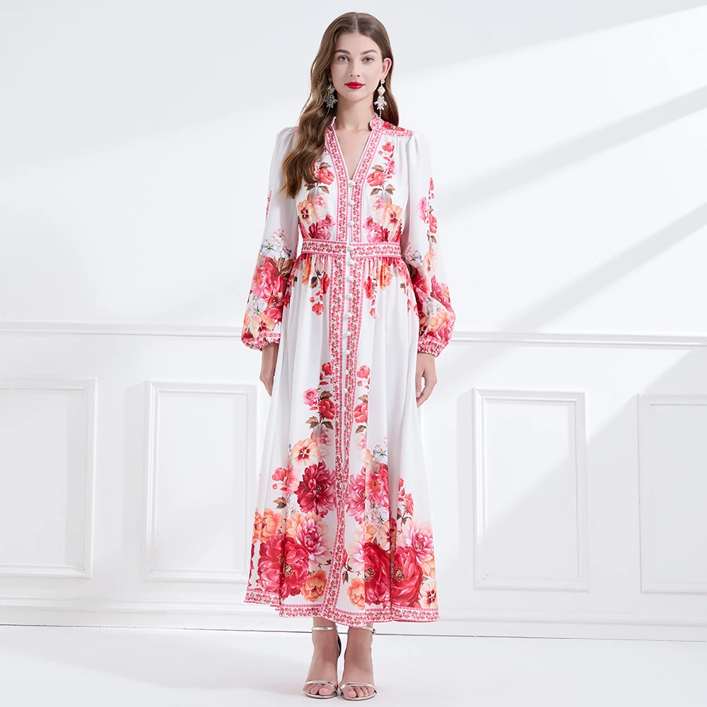 

Vintage Red Flower Maxi Dress Women's Clothiing Runway V Neck Lantern Sleeve Floral Print Single Breasted Long Robe Vestidos